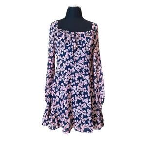 Lush Ditsy Floral Print Tie Front Puff Long Sleeve Minidress Blue Pink NEW Sz M